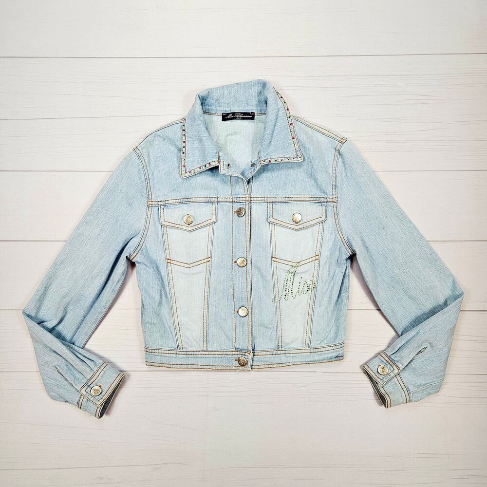 Y2k Miss Blumarine Denim Jacket Euro Rhinestone Light Wash - Small